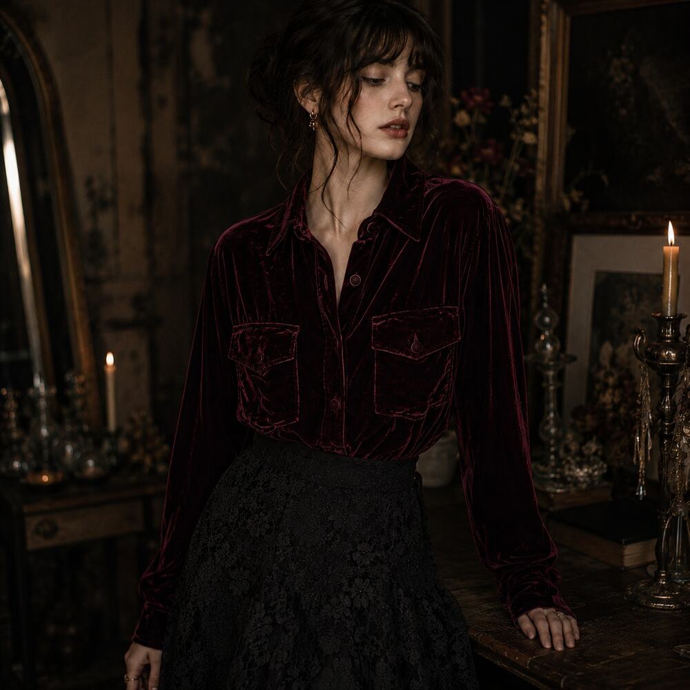 Vintage 90s Burgundy Silk Blend Velvet Burnout Button Down Shirt XS Whimsy Goth